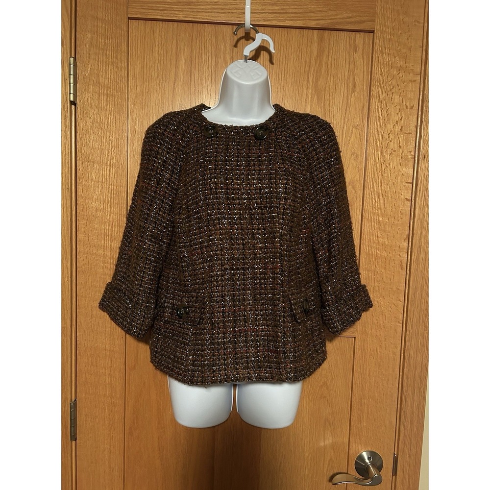 Vintage 90s Retro Victor Alfaro Brown Metallic Tweed Knit Buttons 3/4 Sleeves 8P